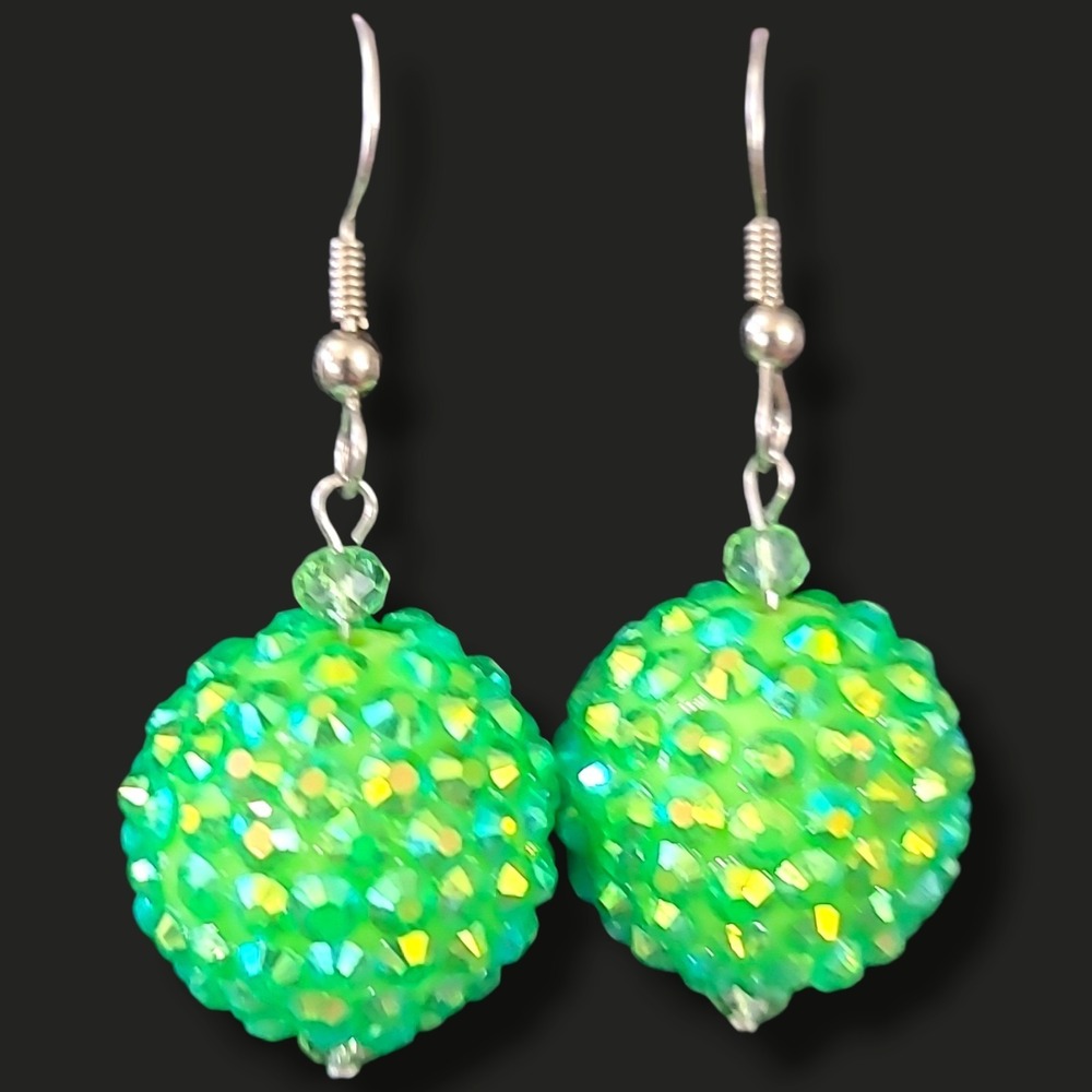 Bright Green Aurora Borealis Rhinestone Disco Ball Dangle Earrings 2"